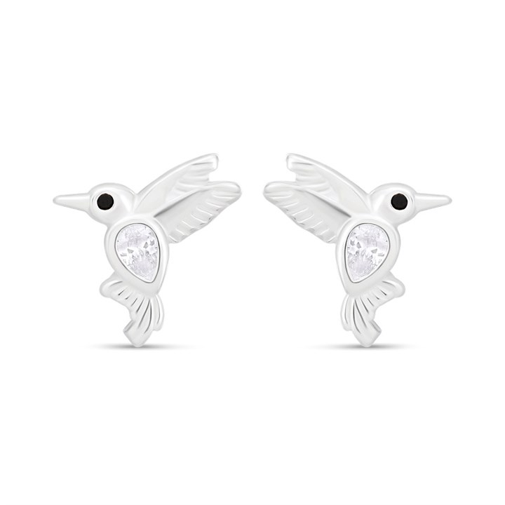 Silver Cubic Zirconia Hummingbird Stud Earrings - F04206