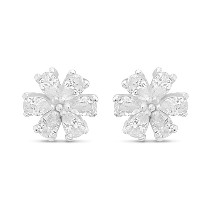 Silver Pear CZ Flower Cluster Stud Earrings - F04218