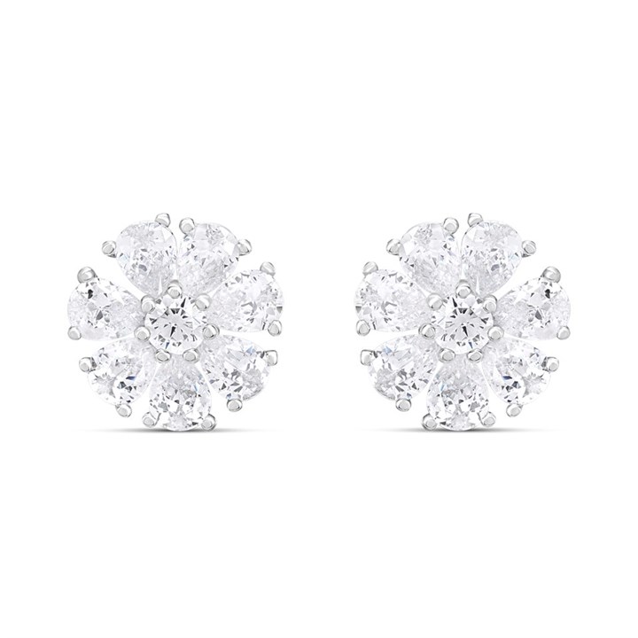 Silver Pear Cubic Zirconia Flower Stud Earrings- 10mm - F04222