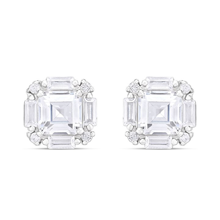 Silver Mixed Cut Cushion CZ Stud Earrings- 8mm - F04223
