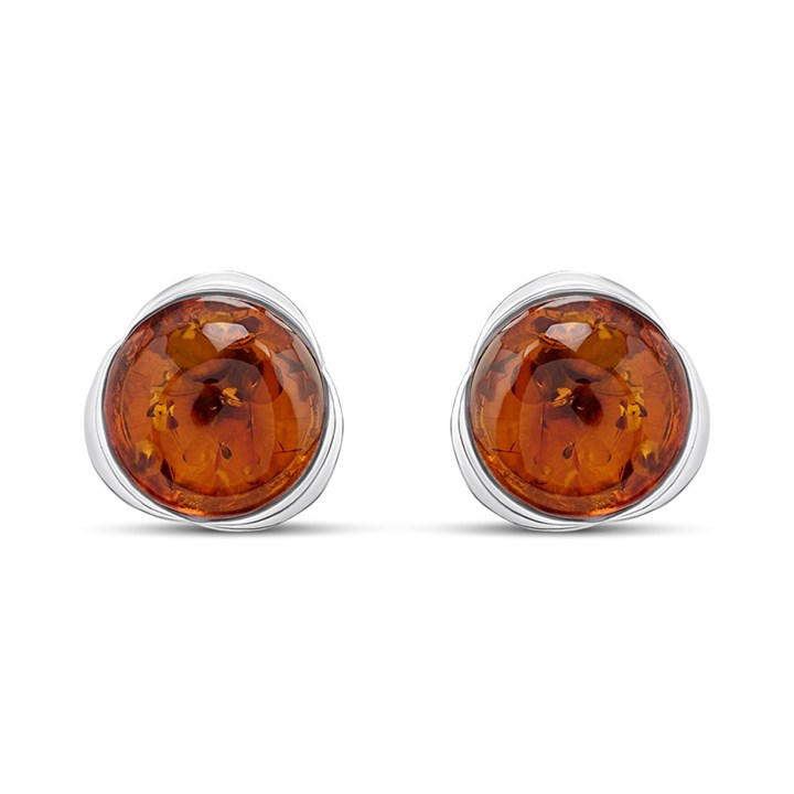 Silver Cognac Amber Round Stud Earrings- 10mm - F04226