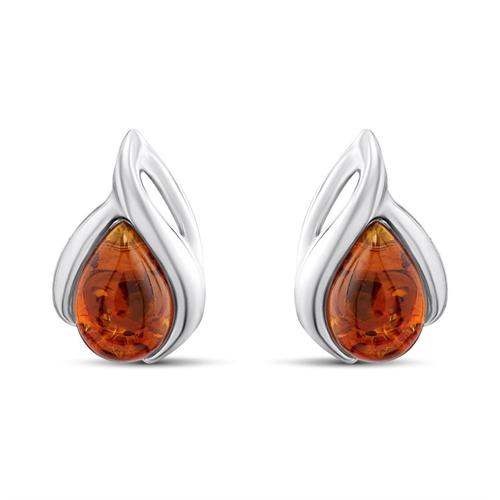 Silver Cognac Amber Teardrop Stud Earrings - F04227