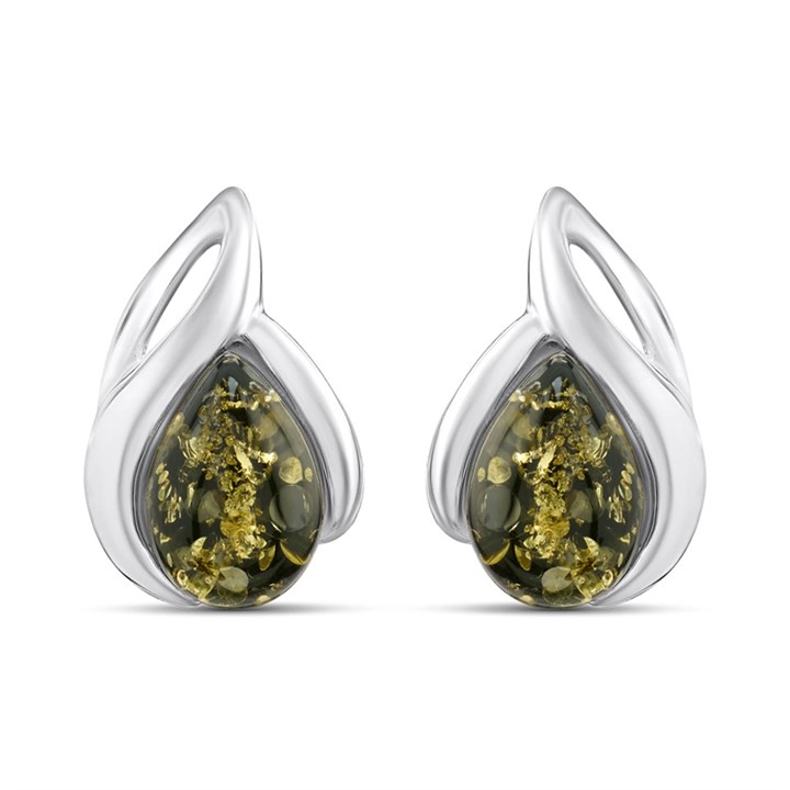 Silver Green Amber Teardrop Stud Earrings - F04228