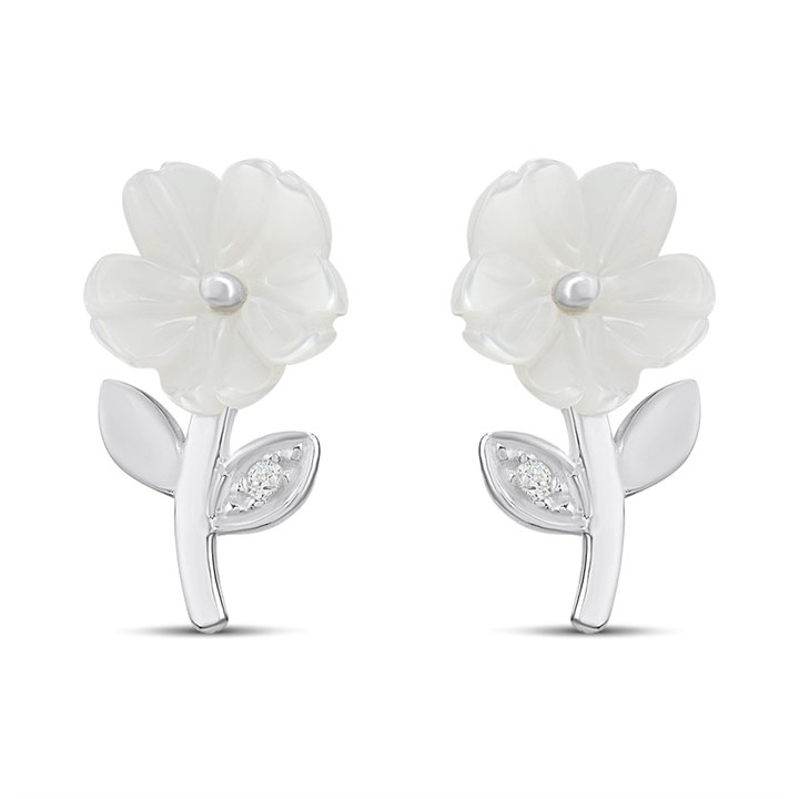 Silver Mother Of Pearl CZ Flower Stud Earrings - F04231
