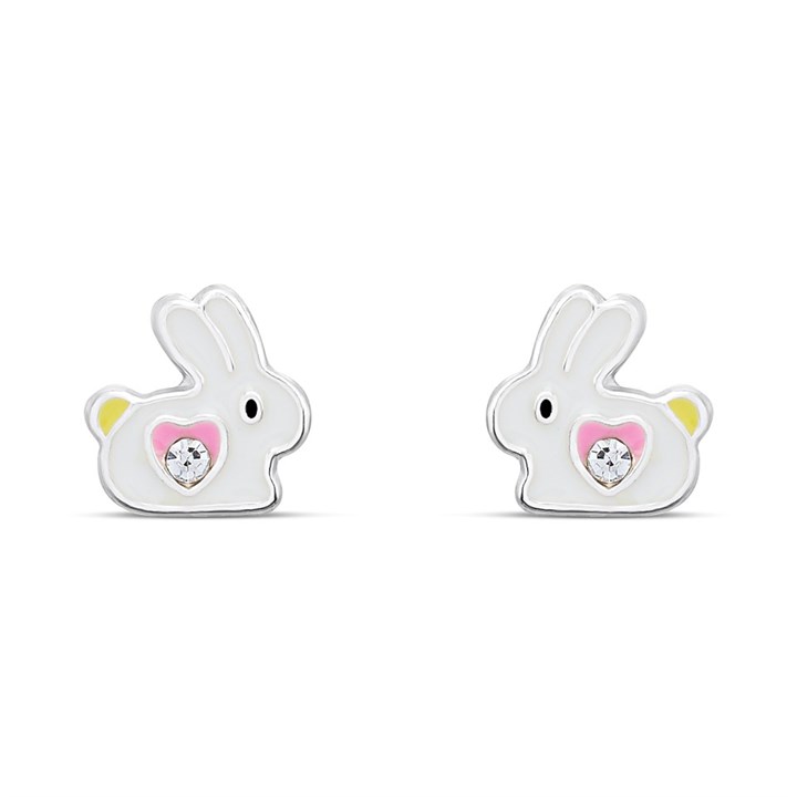 Silver Enamel Rabbit Crystal Stud Earrings- 7mm - F04233