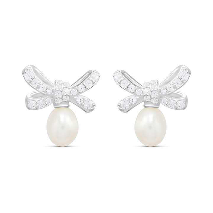 Silver Freshwater Pearl CZ Bow Stud Earrings - F04239