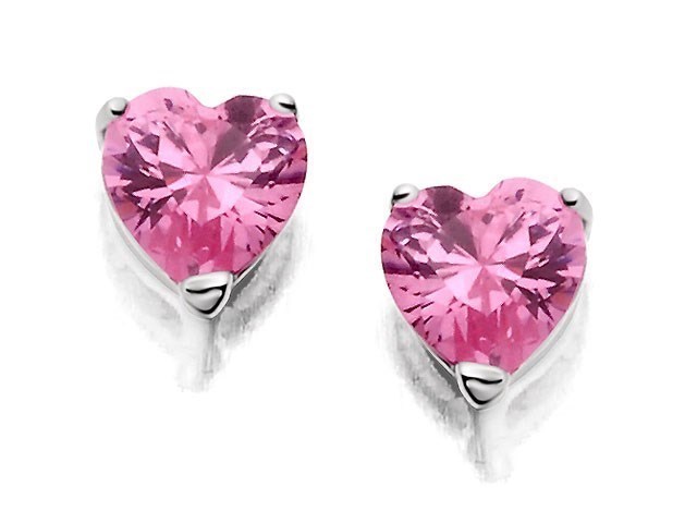 Silver Pink Cubic Zirconia Heart Stud Earrings - 6mm - F0429