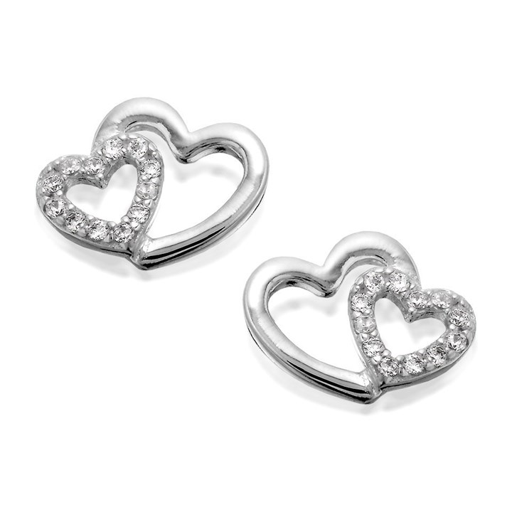 Silver Two Hearts Cubic Zirconia Stud Earrings - 12mm - F0453