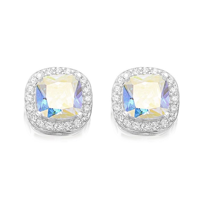 Silver Cubic Zirconia Cushion Cluster Stud Earrings - 10mm - F0465