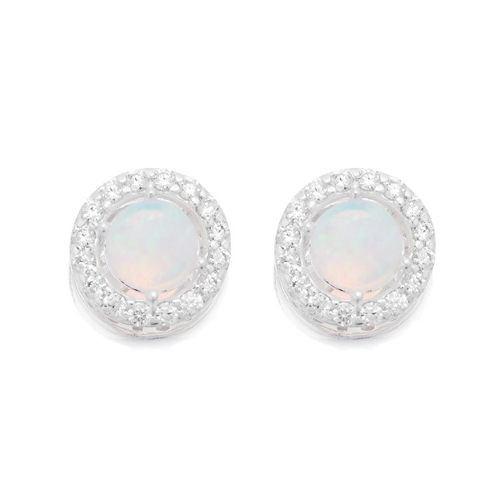 Silver Cubic Zirconia And Imitation Opal Stud Earrings - 8mm - F0497