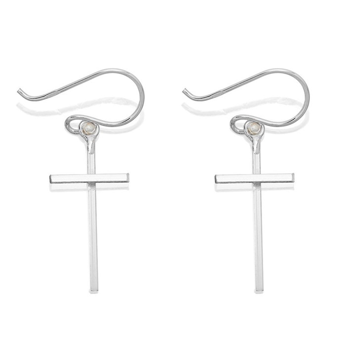 Silver Cross Hook Wire Earrings - 34mm drop - F05003