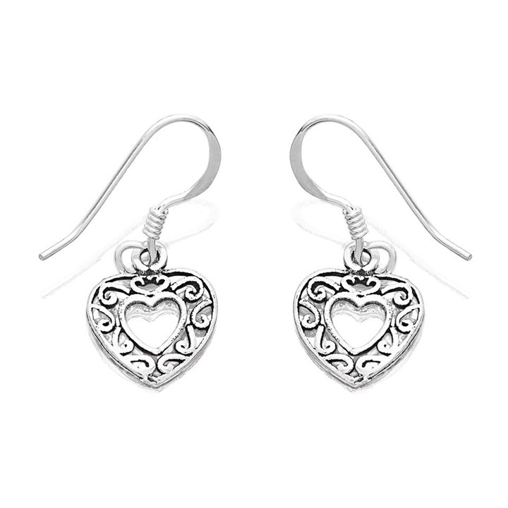 Silver Celtic Heart Hook Wire Earrings - 23mm drop - F05008