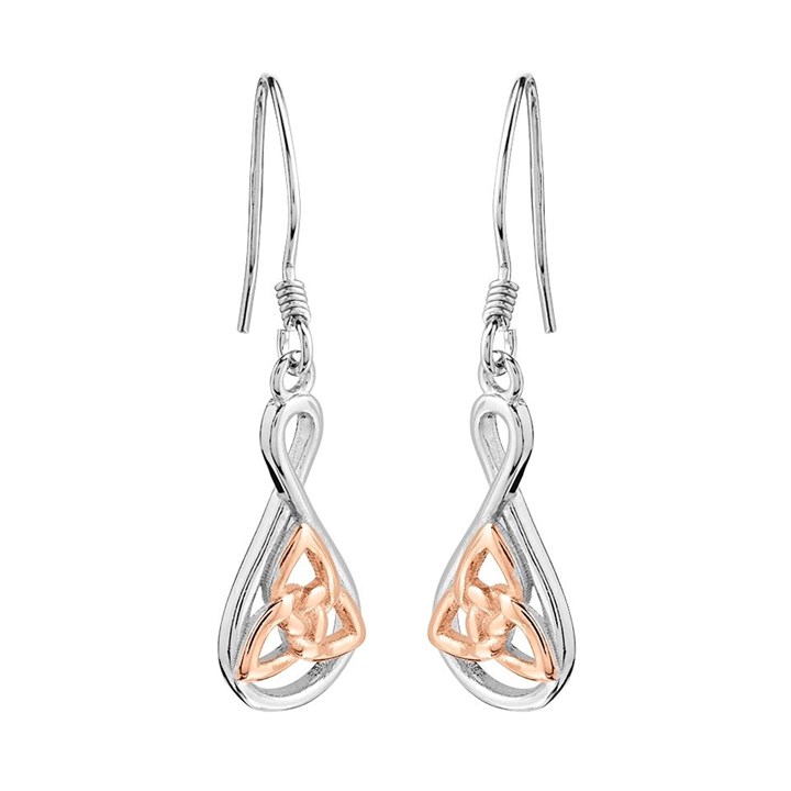 Silver And Rose Plated Trefoil Hook Wire Earrings - 37mm drop - F05024