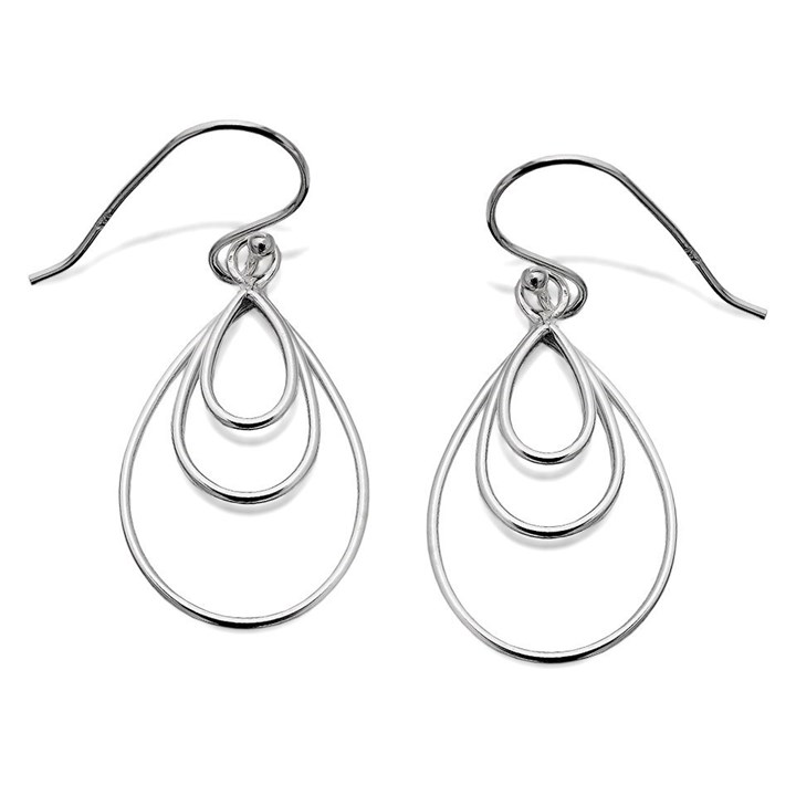 Silver Three Teardrop Hook Wire Earrings - 35mm drop - F0517