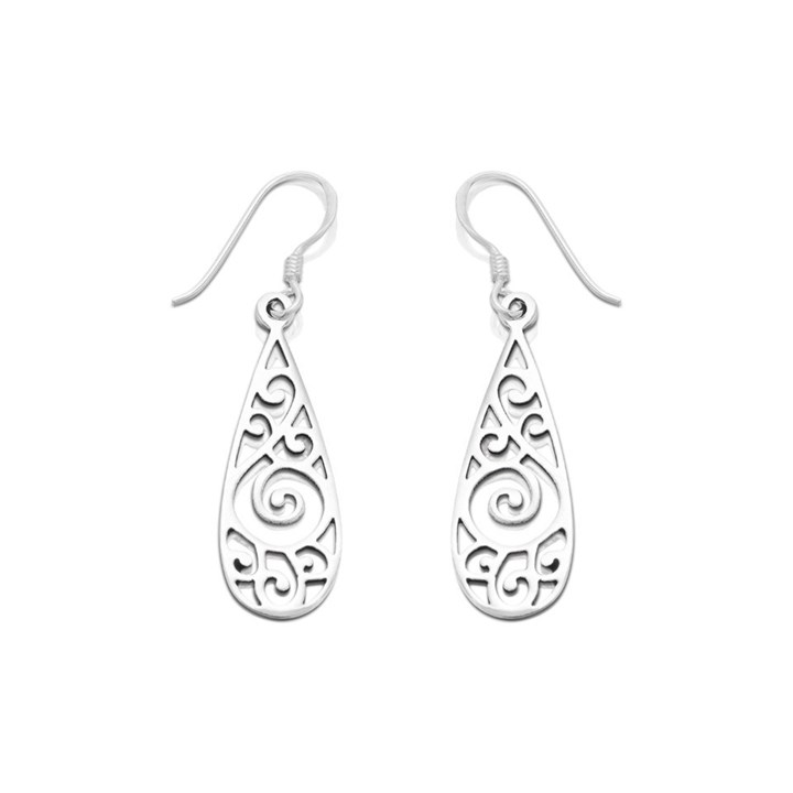 Silver Cut Out Teardrop Hook Wire Earrings - 38mm drop - F0565