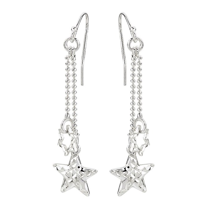 Silver Stars Hook Wire Earrings - 50mm drop - F0572