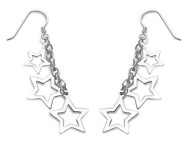 Silver Star Hook Wire Earrings - 40mm drop - F0674