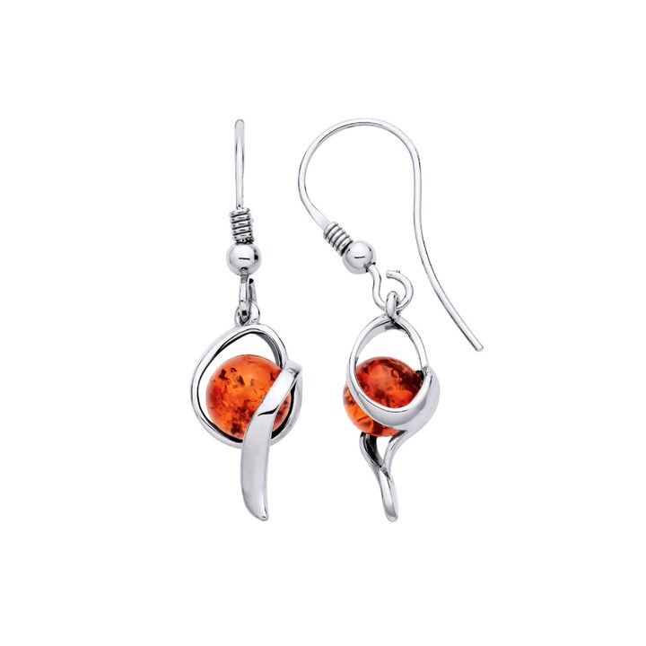 Silver Amber Ball Wrap Hook Wire Drop Earrings - F0713
