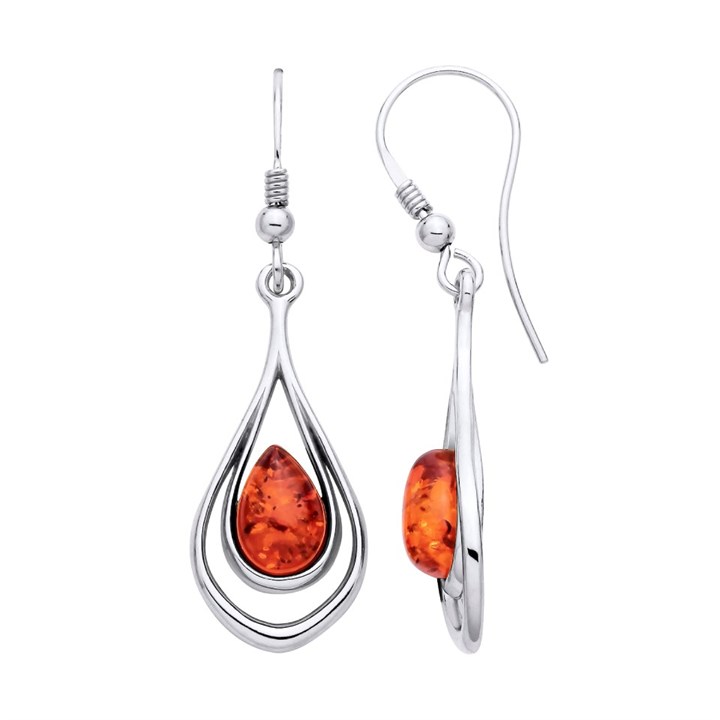 Silver Amber Teardrop Drop Earrings - F0716