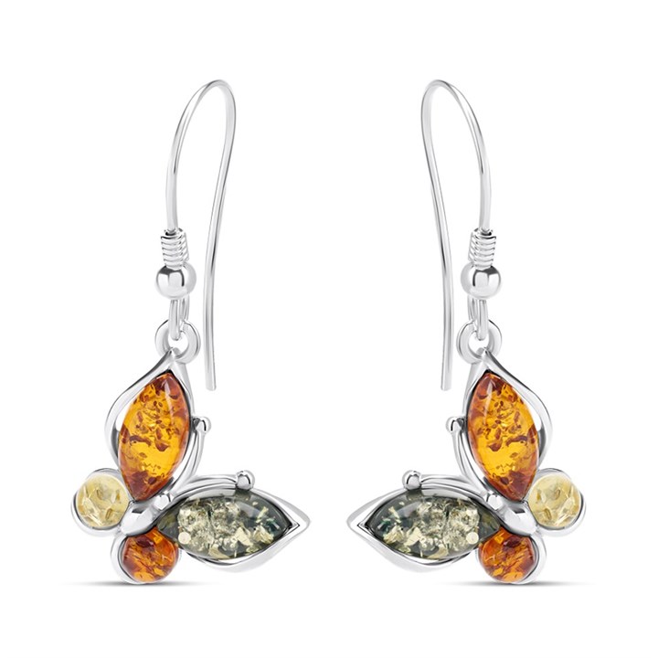 Silver Mixed Amber Butterfly Hook Wire Drop Earrings - F0717