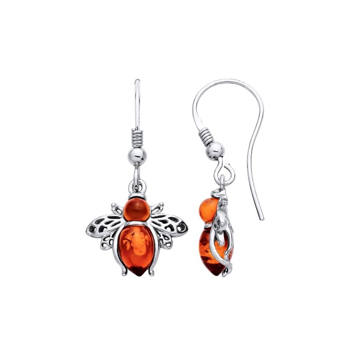 Silver Amber Bee Drop Hook Wire Earrings - F0718