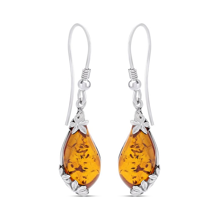 Silver Amber Floral Detail Hook Wire Drop Earrings - F0719