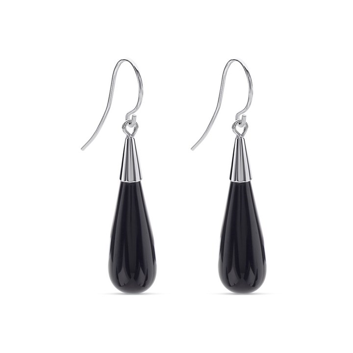 Silver Onyx Hook Wire Earrings - 39mm drop - F0738