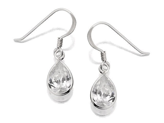 Silver Teardrop Cubic Zirconia Drop Hook Wire Earrings - F0746