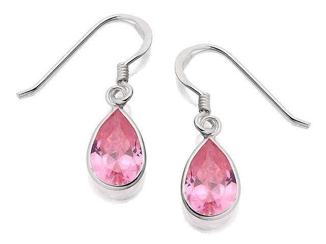 Silver Teardrop Pink Cubic Zirconia Hook Wire Earrings - F0747