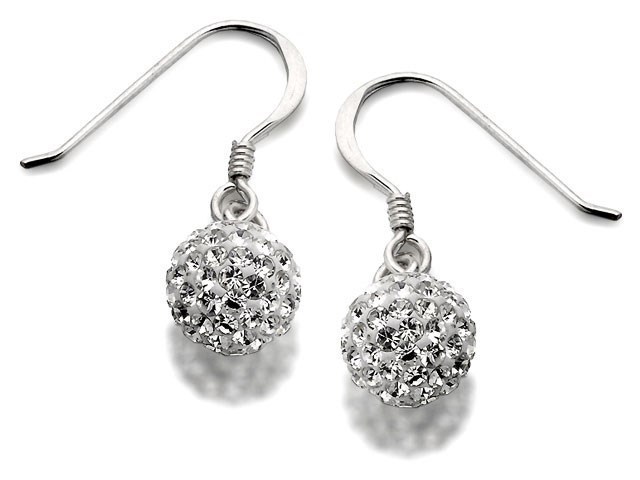 Silver Crystal Glitter Ball Hook Wire Earrings - 25mm drop - F0794