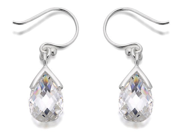 Silver Cubic Zirconia Pear Hook Wire Earrings - 28mm drop - F0809