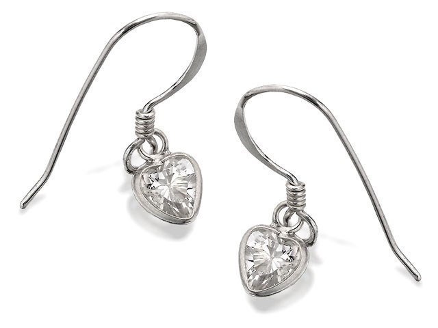 Silver Cubic Zirconia Heart Hook Wire Earrings - 22mm drop - F0819