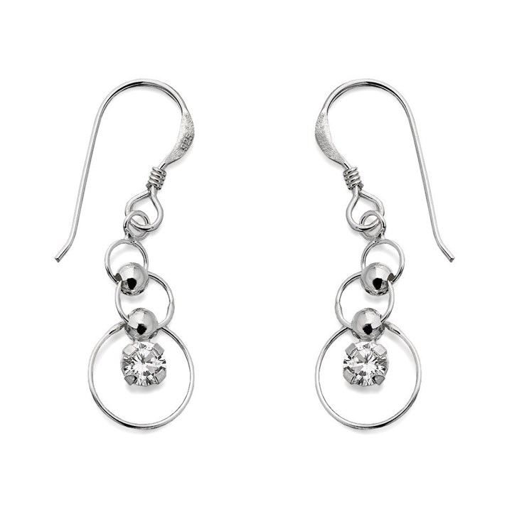 Silver Circles Cubic Zirconia Hook Wire Earrings - 32mm drop - F0830