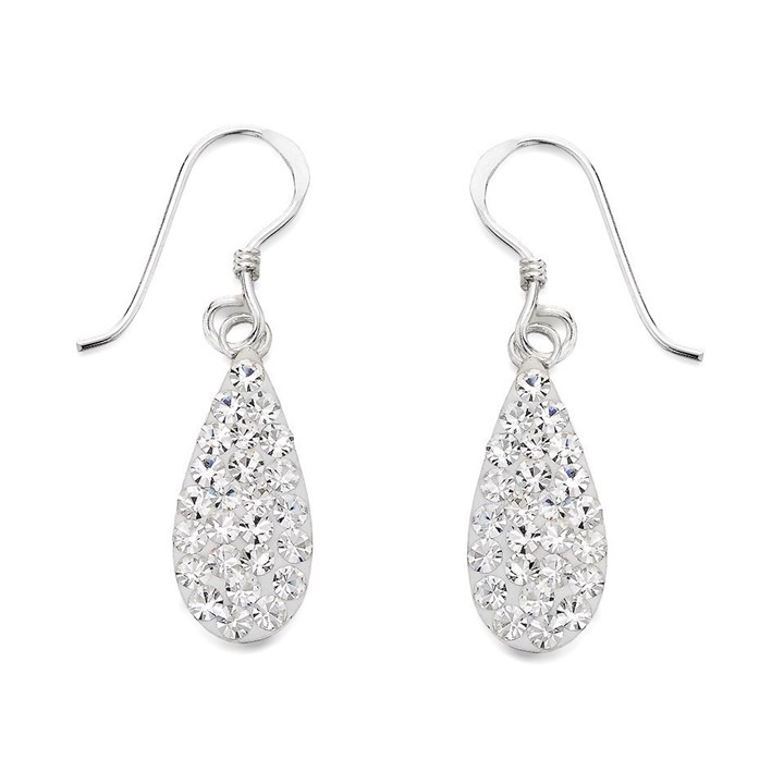 Silver Crystal Teardrop Hook Wire Earrings - 24mm drop - F0838
