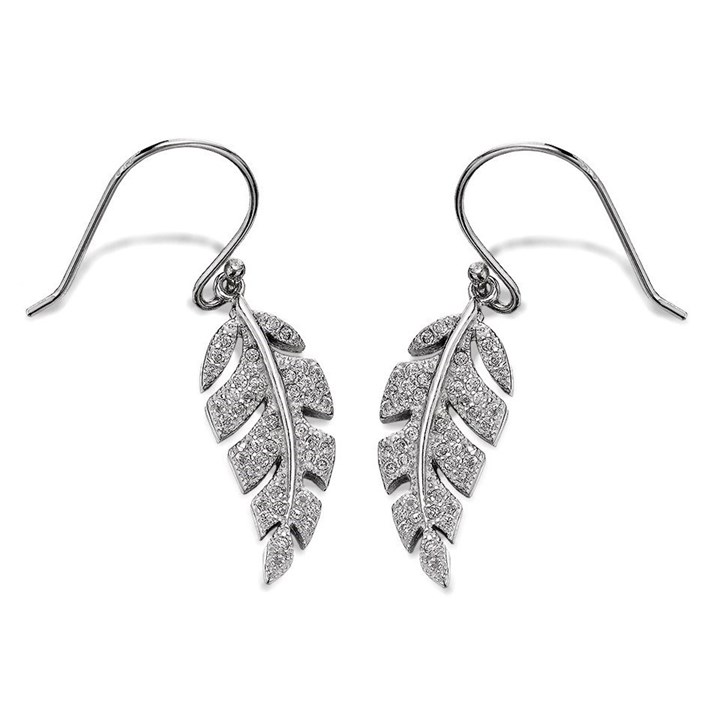 Silver Cubic Zirconia Leaf Hook Wire Earrings - 34mm drop - F0839