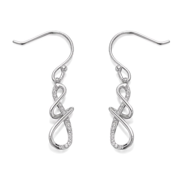 Silver Cubic Zirconia Double Twist Hook Wire Earrings - 32mm drop - F0845