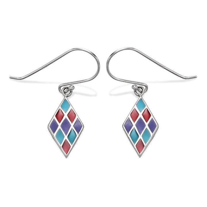 Silver Multi Coloured Diamond Shape Hook Wire Earrings - 18mm drop - F0849