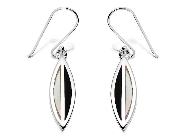 Silver Ellipse Onyx And Mother Of Pearl Hook Wire Earrings - 40mm drop - F0858