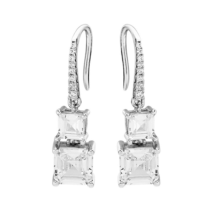 Silver Cubic Zirconia Hook Wire Earrings - 24mm drop - F0880
