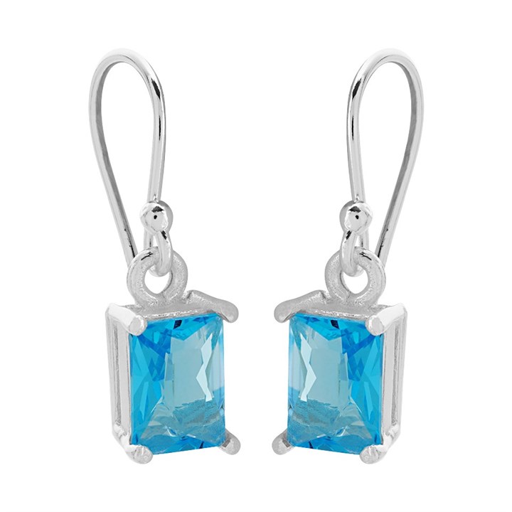 Silver Blue Cubic Zirconia Hook Wire Earrings - 21mm drop - F0881