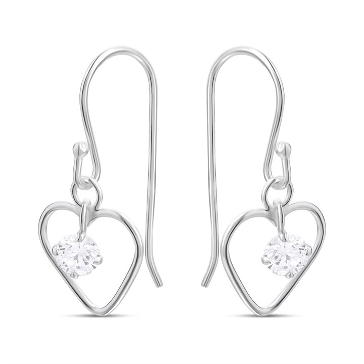 Silver Cubic Zirconia Wire Open Heart Drop Earrings - F0883