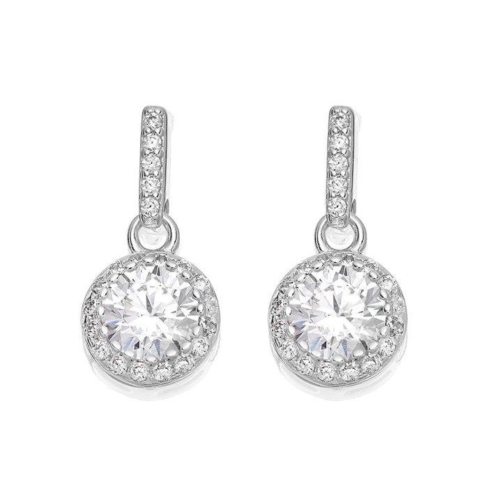 Silver Cubic Zirconia Halo Drop Earrings - 14mm drop - F11001