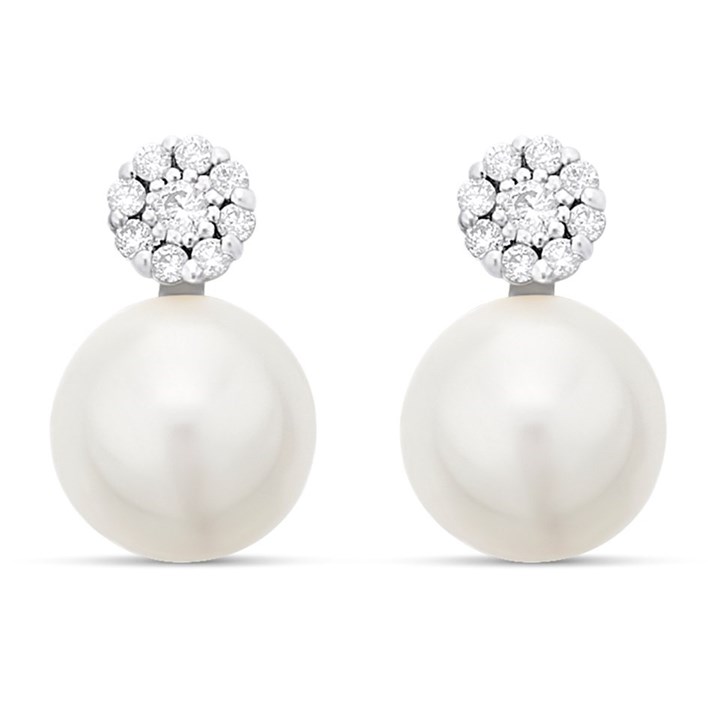 Silver Cubic Zirconia And Simulated Pearl Stud Earrings - 12mm - F11006