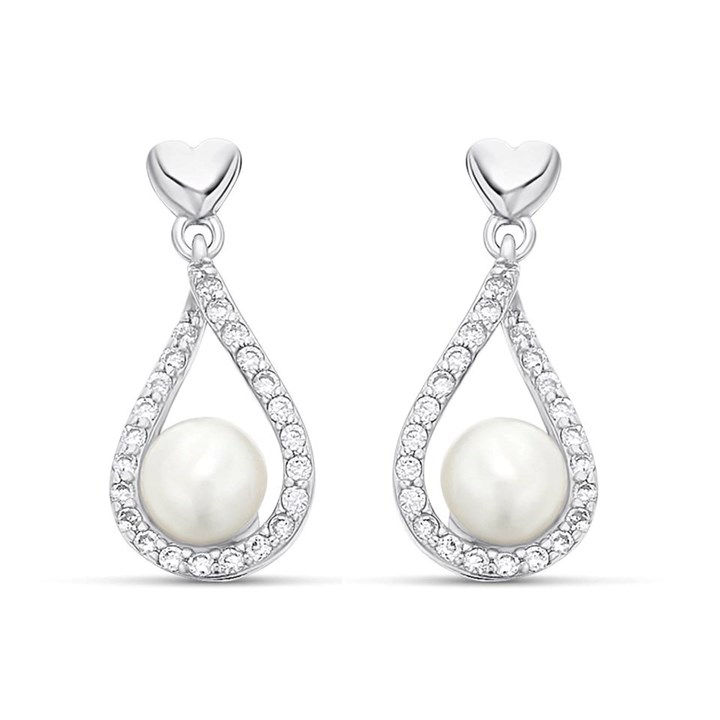 Silver Cubic Zirconia And Pearl Drop Earrings - 17mm drop - F11009
