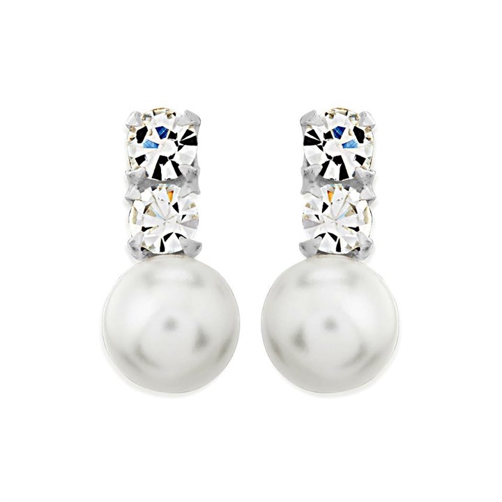 Silver Simulated Pearl And Crystal Stud Earrings - 13mm - F11023