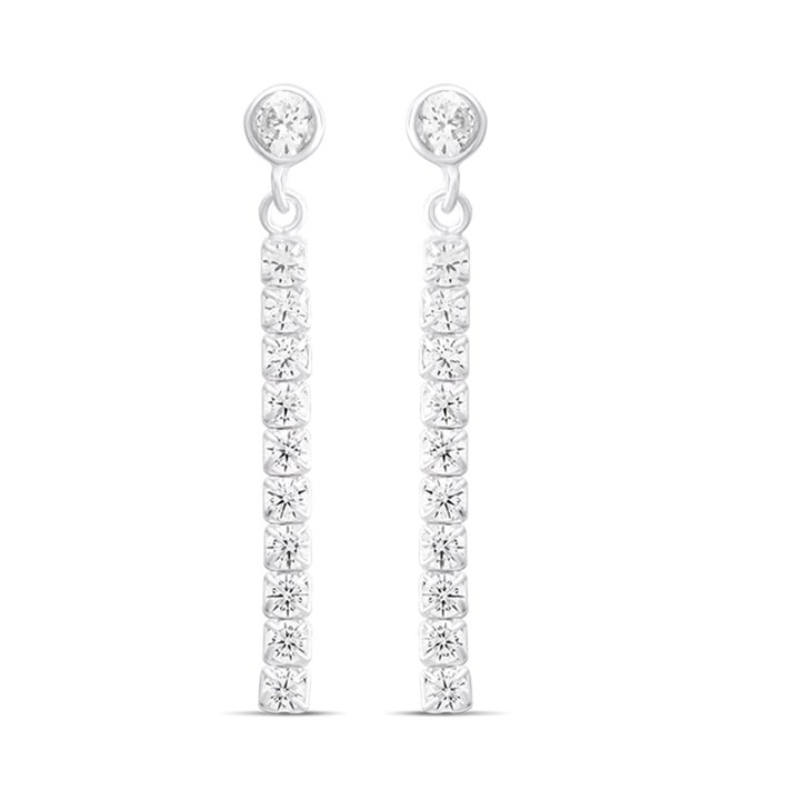 Silver Cubic Zirconia Chain Drop Earrings - 28mm - F11031