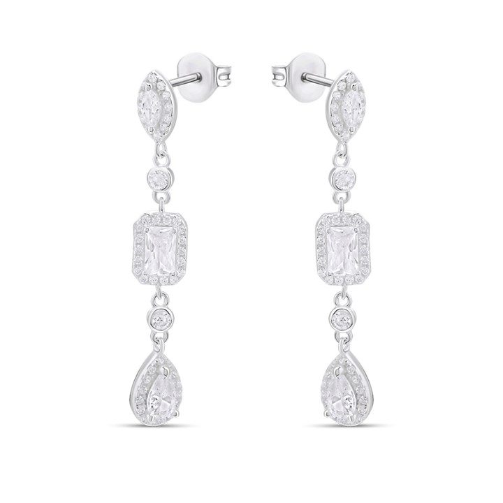 Silver Cluster Cubic Zirconia Drop Earrings - F11032