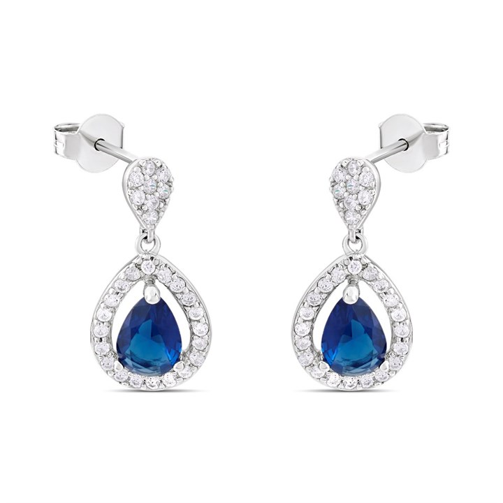 Silver Cubic Zirconia Blue Teardrop Drop Earrings - F11037