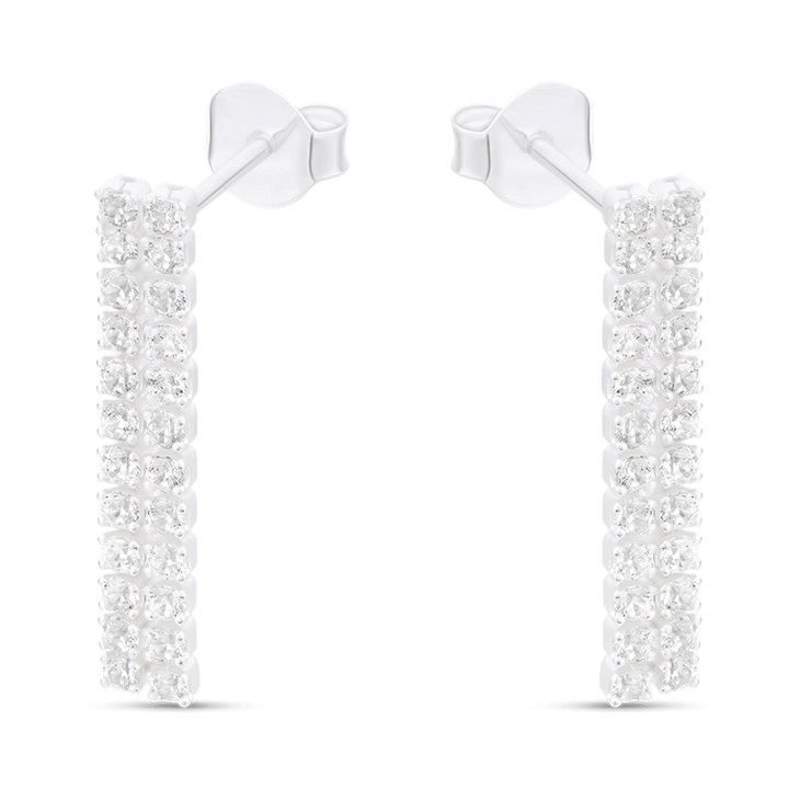 Silver Cubic Zirconia Double Line Drop Earrings - F11105