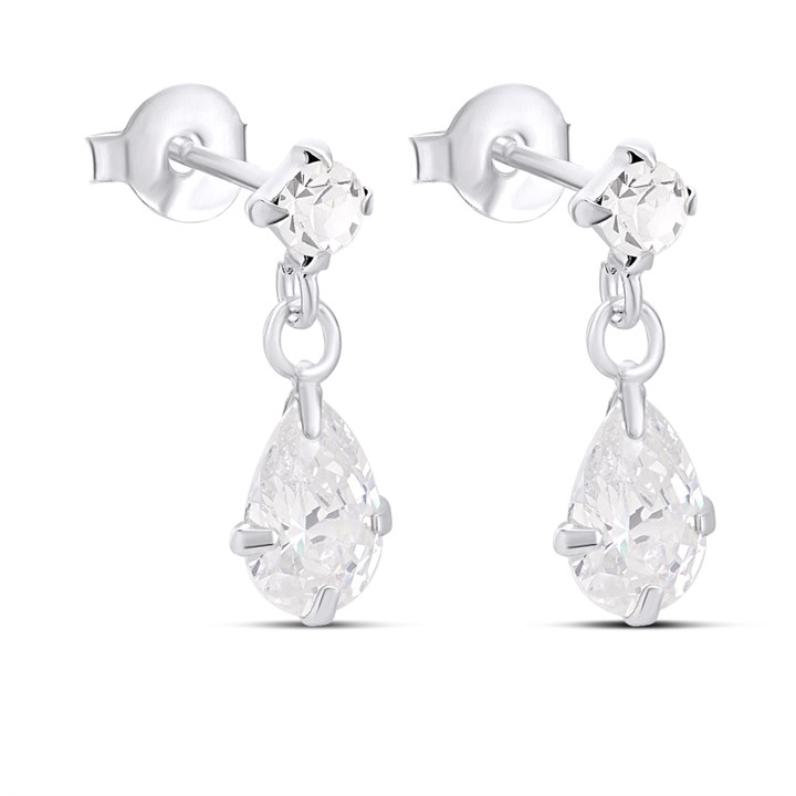Silver Round And Pear CZ Drop Earrings - F11107